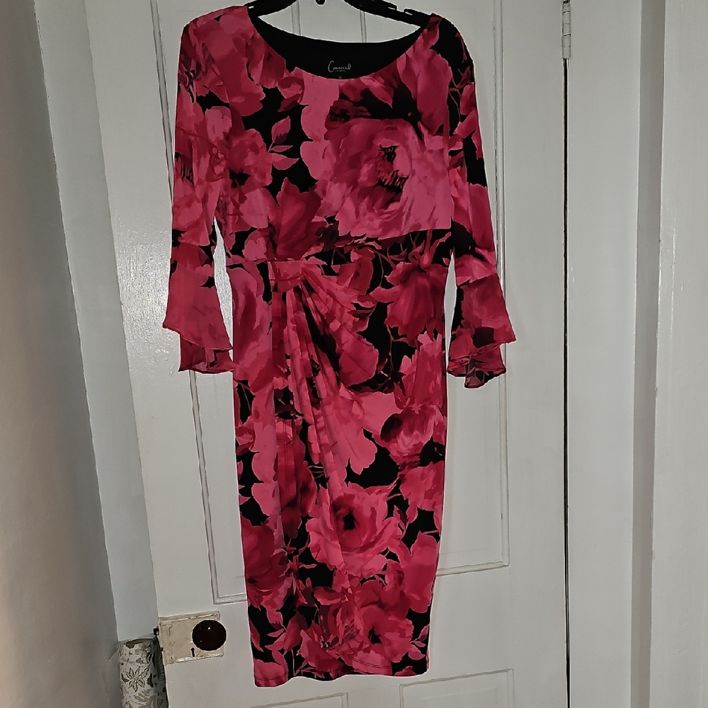Connected Apparel Black and Pink Floral Long Sleeve Dress